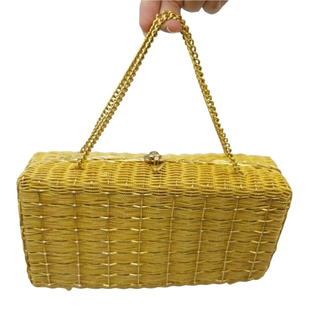 Vintage Gold Metallic Metal Woven Evening Box Purse With Top Clasp & Chain Strap
